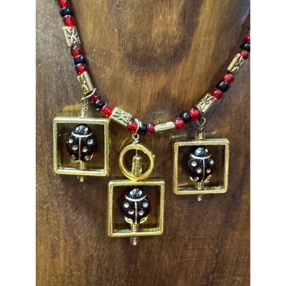 Handcrafted Ladybug Necklace & Earrings Set Red & Black Beaded With Gold Accent - Picture 4 of 9
